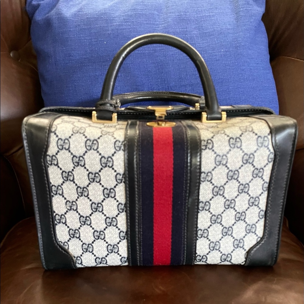 Vintage Gucci Train Case luggage Authentic Navy Blue and Red 1970s